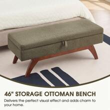 46英寸储物凳，泰迪熊/PU皮革软垫床尾凳，适用于小空间，紧凑型储物玄关长凳，带木腿的卧室长凳，卧室窗台长凳，适合返校宿舍储物