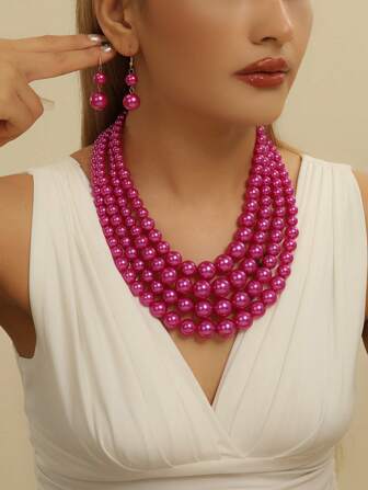 Exaggerated Multi-Layer Handmade Beaded Woven Bohemian European & Retro Style Necklace And Earrings, Suitable For Evening Party, Vacation, Women