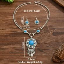 1 Set Boho Style Necklace & Earring, Tasseled Metal Inlaid Turquoise - Blue - View 2