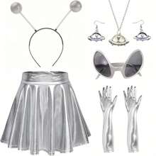 外星人服装配饰套装 - 科幻主题派对套装，含头带、金属褶裙、UFO 吊坠项链和耳环、眼镜、银色长手套 - 塑料，无羽毛，是派对和节日舞会万圣节的理想礼物 - 彩色 - 查看 10