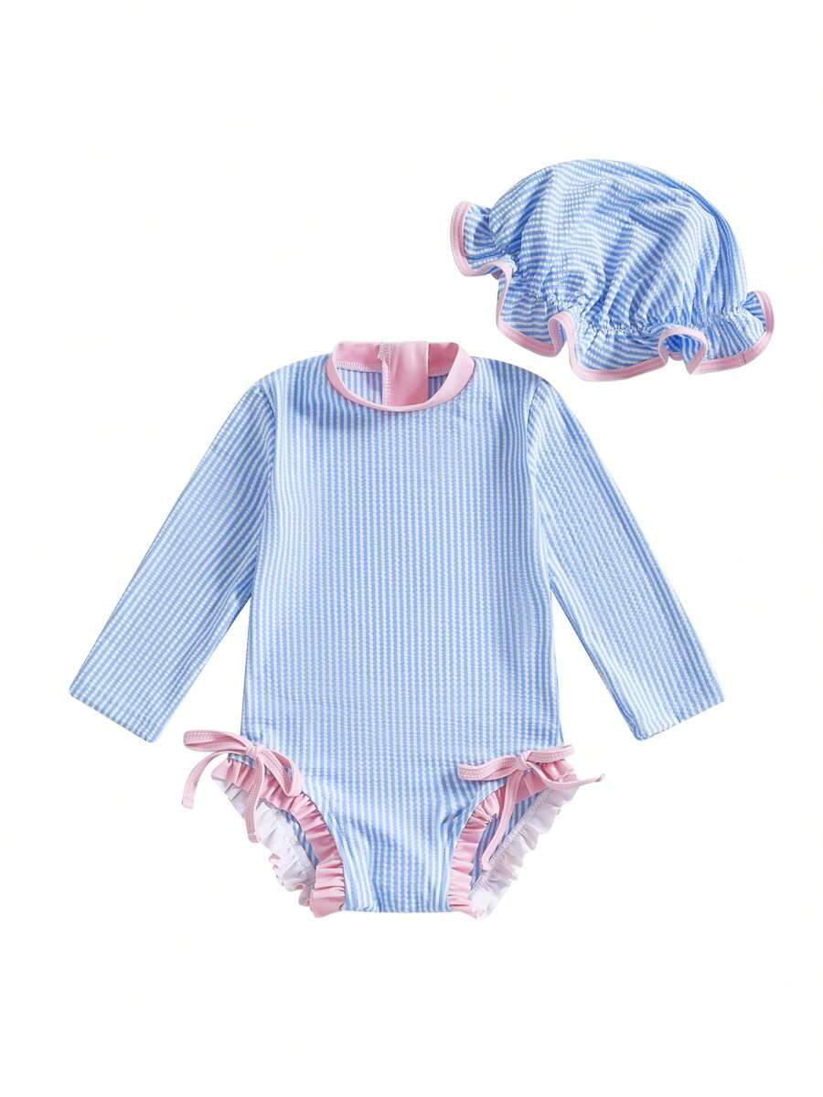 Traje de baño de 2 piezas con protección contra erupciones y gorro para niñas pequeñas, estampado de rayas, manga larga, cuello redondo, trajes de baño para niñas pequeñas - Azul - Ver 1