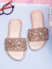 女孩的梦幻必备品！银色缎面鞋底，闪亮亮片一脚蹬拖鞋，时尚又舒适 - 香檳色 - 查看 5