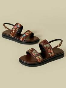 Women's Thick Sole Strap Sandals, Bohemian Ditsy Floral, Comfortable Platform Wedge Casual Summer Beach Shoes, Random Colorful Flower Pattern, Coffee Brown Asymmetrical Floral, Hollow Strap Roman Sandals, Plus Size 41-43 - Coffee Brown - View 3