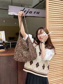 1Pc Brown Leopard Print Shoulder Bag, Fashionable Leisure High-Capacity Shoulder Bag, Suitable For Women's Daily And Commuting, Leopard Print Bag, Large Travel Storage Bag, Outdoor Leisure Tote Bag, Travel Essential Sanitary Napkins, Cosmetics, Chargers, Perfume, Skin Care Products, Mothers, Women, Female Students, Holiday Gifts