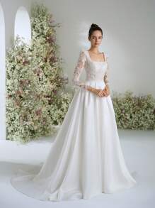 Elasola Glamorous Square Neck Beaded Lace Floral Lace Patchwork Satin Split Thigh Garden Party Sheer Long Sleeve Palace Style Wedding Dresses For Bride With Train