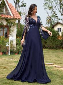 Elegant Beaded Sequin V-Neck Chiffon Long Evening Gown, High-End Formal Dress With High Slit Long Sleeve For Banquet, Wedding Party, Graduation, Bridesmaid, Mother Of The Bride, For Wedding Guest - 藏蓝色 - 查看 2