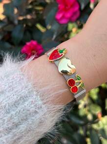 1pc Fashion Elegant Stainless Steel Watch Strap With Cherry, Strawberry, Heart Accessories String Bracelet, Suitable For Women's Daily And Party Wear