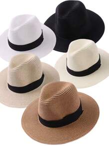 1pc Plaid Casual Straw Sun Hat, Solid Color Woven Breathable UV Protection Hat For Men And Women, Summer Outdoor Travel Beach