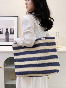 New Large Capacity Woven Stripe Straw Bag Beach Style Weaved Basket Tote For Women With Shoulder Strap Color Block Woven Straw Bag For Women, Large Capacity, Perfect For Vacation Beach & Daily Shopping, Vacation Essentials, Perfectly Matching With Beach Accessories Women - Blue - View 8