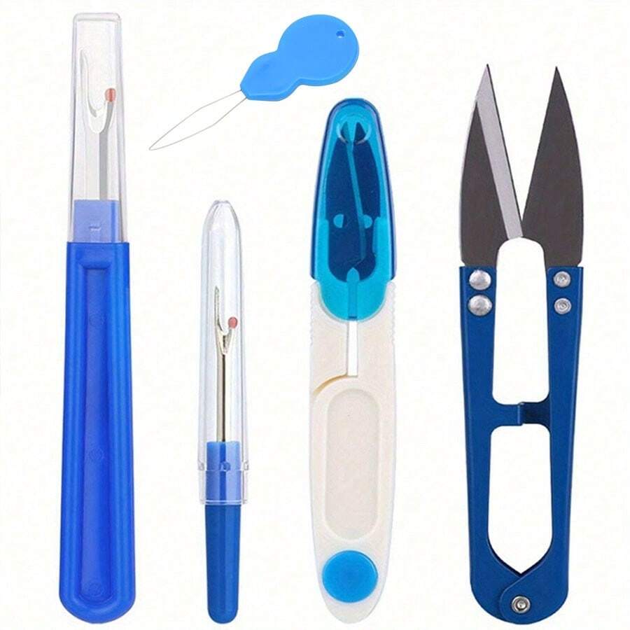 5pcs Blue Sewing Seam Ripper Set - Stainless Steel Thread Cutter, Seam Ripper And Threader, Easily Remove Stitches, Thread Puller - Multicolor - View 1