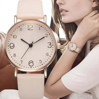 1 pieza Reloj de cuarzo vintage para mujer, elegante dial redondo con números árabes digitales y simulación, correa ligera y lujosa como regalo para mujeres