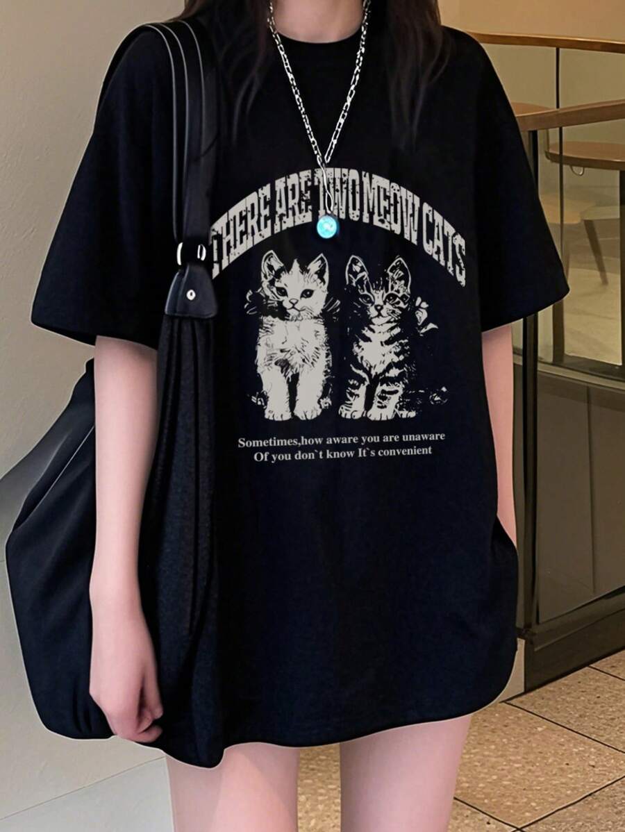 女式棉质圆领宽松休闲字母与可爱猫咪图案印花短袖 T 恤，春夏 - 黑色 - 查看 1