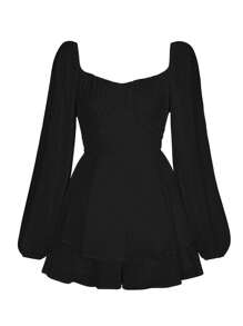 Womens Loose Shorts Jumpsuit, Solid Color Lantern Long Sleeve Square Neck Ruched Ruffled Playsuit - màu đen - Xem 4