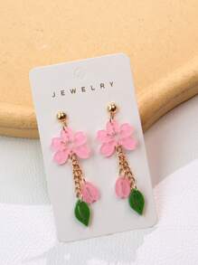 1 Pair Acrylic Bling Bling Flower Design Earrings, Pink Sequins Cherry Blossom Chain Floral Leaves, Cute & Sweet For Girls, Suitable As Gift, Spring/Summer