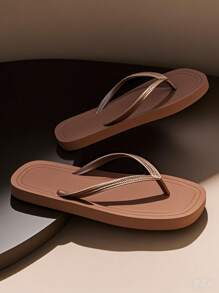 Women's Fashion Flat Flip Flops, New Summer Outdoor Beach Sandals For Swimming & Vacation - Brown - View 5