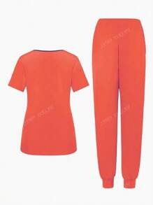 Ensemble uniforme pour femmes, Top à manches courtes col en V de couleur unie et pantalon, ensemble de blouse minimaliste et pour l'été