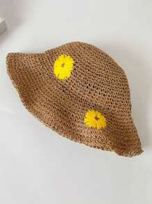 1pc Women's Straw Hat, Fashion Versatile Bucket Hat, Portable Foldable Sunscreen Hat With Flower Print, Cute, Polyester, Hollow, UV Protection, Summer - A - View 10