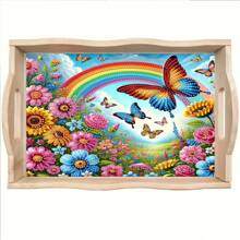 DIY Diamond Painting Kit With Tray, Luxury Rainbow Butterfly Design - Asymmetrical Acrylic Diamonds, Cartoon Theme Wooden Craft Tray Suitable For Family Gatherings, Breakfast Decor, Coffee, Tea, Storage, Party Supplies, Home Decor