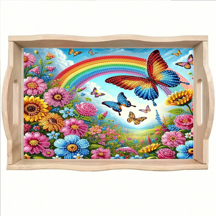 DIY Diamond Painting Kit With Tray, Luxury Rainbow Butterfly Design - Asymmetrical Acrylic Diamonds, Cartoon Theme Wooden Craft Tray Suitable For Family Gatherings, Breakfast Decor, Coffee, Tea, Storage, Party Supplies, Home Decor