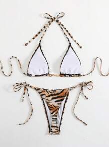 LUCKY HOLIDAY Bộ bikini tam giác buộc dây in hoa thời trang, gợi cảm dành cho kỳ nghỉ hè, đi biển. - Cà phê nâu - Xem 5