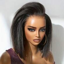 Uveous 42inch 250% Density Short Bob Kinky Straight Wig With Baby Hair - 13x4 HD Lace Front Human Hair Wig For Yaki Straight, Pre-Plucked, Elegant & Natural Look, Suitable For All Ethnicities, Short Hair Wig - 黑色 - 查看 1