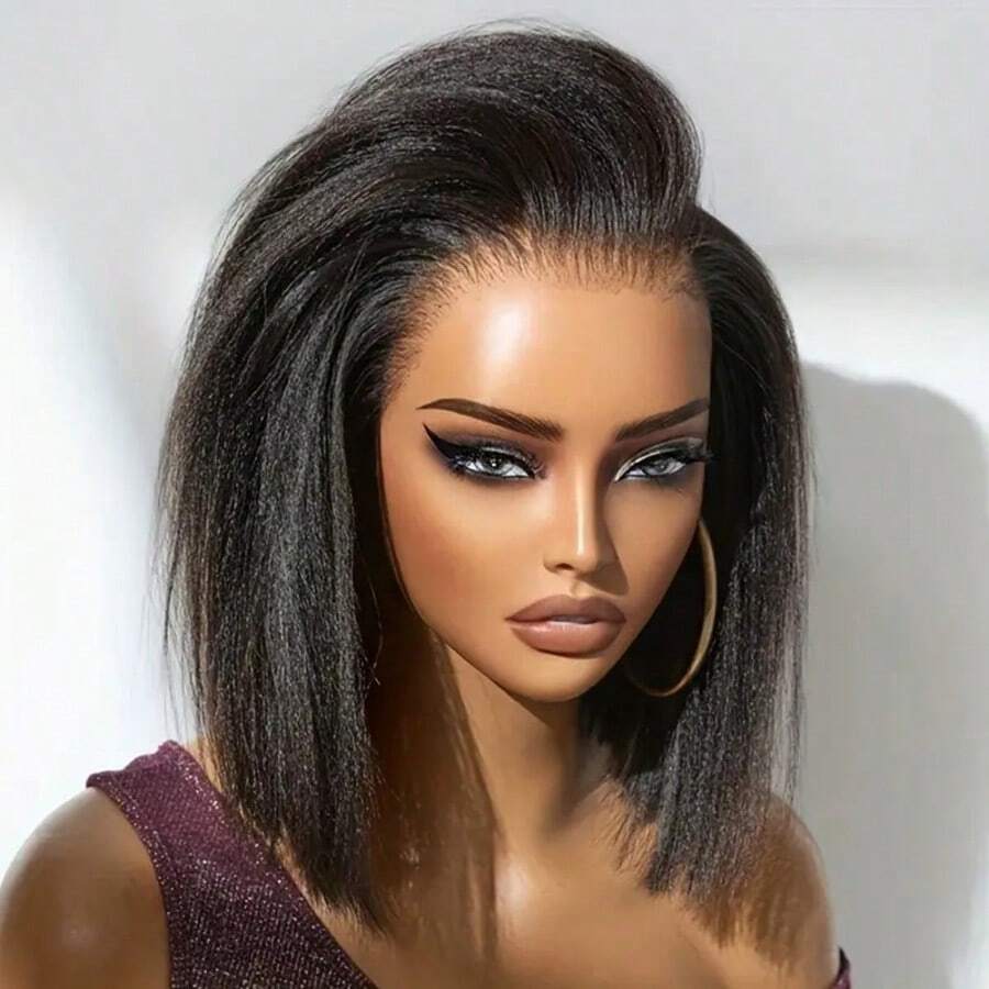 Uveous 42inch 250% Density Short Bob Kinky Straight Wig With Baby Hair - 13x4 HD Lace Front Human Hair Wig For Yaki Straight, Pre-Plucked, Elegant & Natural Look, Suitable For All Ethnicities, Short Hair Wig - 黑色 - 查看 1