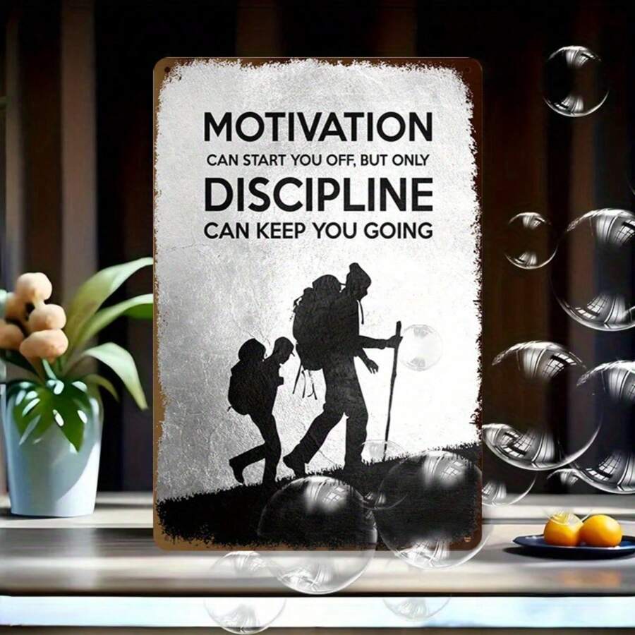 1PC Motivational Metal Sign, Hiker Illustration, Motivation And Discipline, Inspirational Quote, Sturdy Metal, Perfect For Office Or Living Room Décor, 8x12 Inches/20x30 Cm - Multicolor - View 1