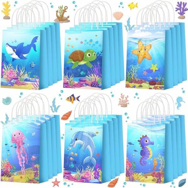 24 bolsas de papel con asas con diseños de animales marinos para fiesta de cumpleaños con temática de océano como decoración y obsequios