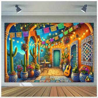1pc Vibrant Mexican Courtyard Canvas Banner, Polyester Knitted Wall Hanging, Lightweight Cultural Flag For Party Decorations, Photo Shooting Backdrops, Office And Birthday Celebrations - No Power Required