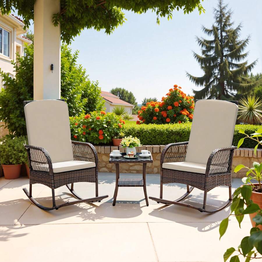 3 Pieces Patio Conversation Set, Outdoor Rocking Chair, Wicker Bistro Set, Outdoor Patio Furniture, Porch, Backyard, Bistro. - Beige - View 1