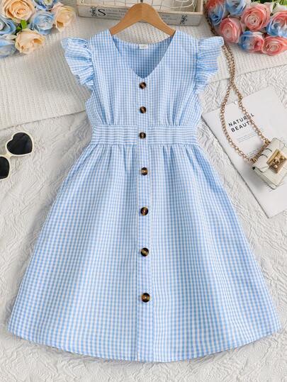 Left Mama Tween Girl' Fresh Striped Cap Sleeve V-Neck Cinched Waist Dress, Summer