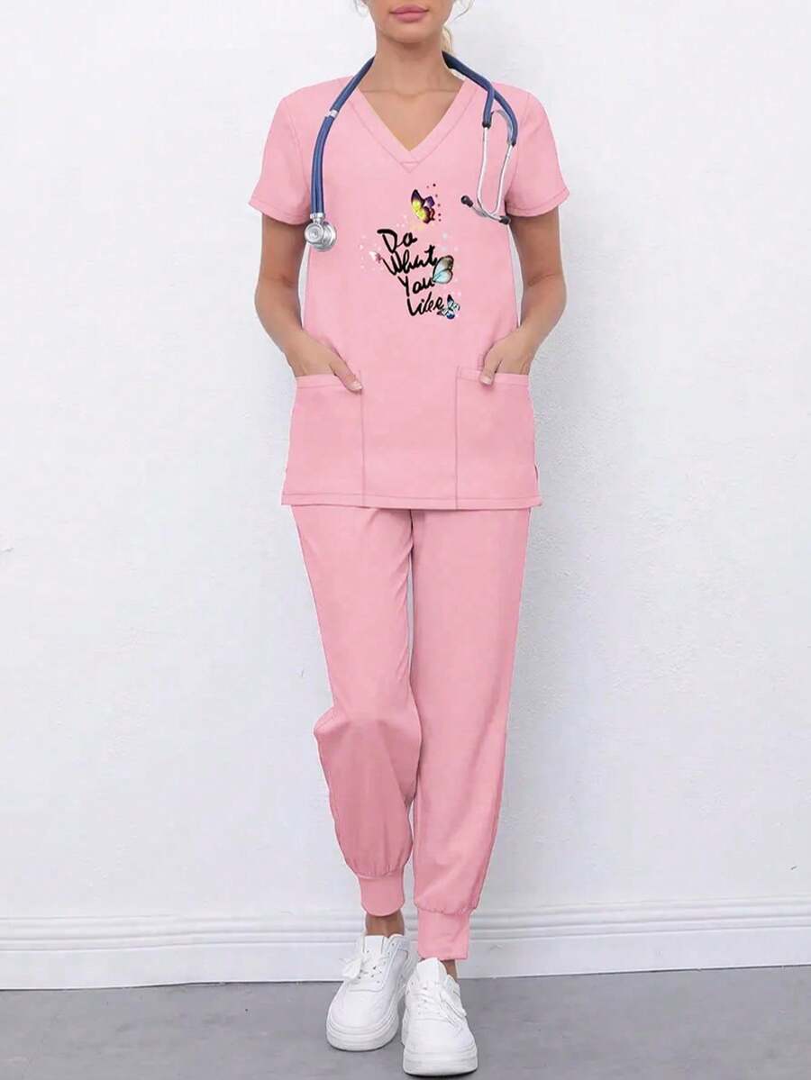 Women's Uniform Set, V-Neck Short Sleeve Top And Pants, Minimalist Style Suitable For Summer - Pink - View 1