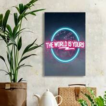 Framed  Room Decor  Of Artwork, The World Is Yours, Neon Style Canvas Print Poster, Wall Mural Decoration, Unique Creative Wall Art Decor, Suitable For Living Room, Bedroom, Office, Dining Room, Bar Wall Decoration, Waterproof, Printed, Artwork, Perfect Gift And Decoration Birthday Party Decor, Mother's Day New Year Easter Gift,  Home Living Room Office Wall Decor, Perfect Gift And Wall Decoration - Framed - View 4