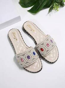 Women's Fashion Slip-On Slippers, 2025 New European & American Style, French & Korean Casual Versatile Sandals, Pearls & Rhinestone Decor, Comfortable Flat Vacation Beach Shoes