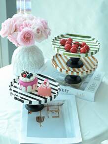 1pc Black & White Striped Ceramic Tray, Elegant Minimalist Vertical Striped Pedestal Dish, Storage Platter, Nut Dish, Cake Stand, Serving Platter, Suitable For Home, Party, Tea Gathering, Leisure, Commercial Decor, Gift