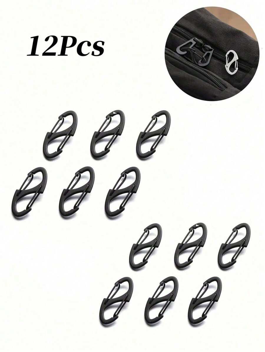 12pcs Backpack Zipper Lock Set, Anti-Theft Zipper Clip Keeps Zipper Closed, Backpack Buckle Alloy Outdoor Camping Multi-Functional S Buckle Metal Buckle Hook - Black - View 1