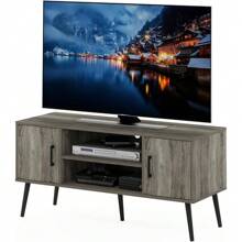 Meuble TV de style milieu de siècle avec pieds en bois pour téléviseurs jusqu'à 50 pouces, deux armoires, conception technique, deux armoires