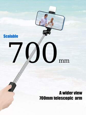 这款最新款1.7米/70厘米蓝牙手机自拍杆直播三脚架配备LED补光灯，可伸缩，支持360度自动旋转，具备防抖功能，轻巧便携。它还具有多种功能，可用作便携式三脚架。适用于直播、合影和旅行等场景。无线遥控器兼容大多数智能手机，包括iOS和安卓系统。它是夏季度假、旅行、补光、户外活动和直播的理想之选。