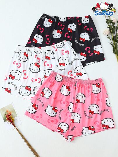 SANRIO [Homely Gents]3pcs/Set  Women Cute Cartoon Sleep Shorts, Soft & Opaque Polyester Fabric, Comfortable For Home & Leisure