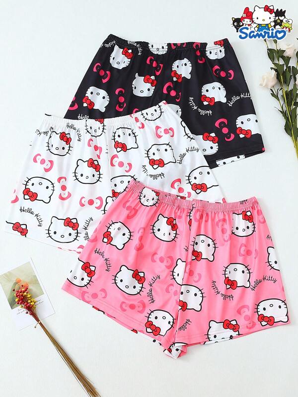 Sanrio 3 Peças/Conjunto Shorts de Dormir Femininos Fofos da Hello Kitty, Tecido de Poliéster Macio e Opaco, Confortável para Casa e Lazer