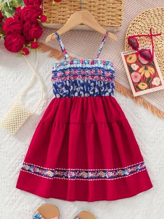 女童斋月花卉印花露肩无袖拼布生日派对连衣裙，夏季