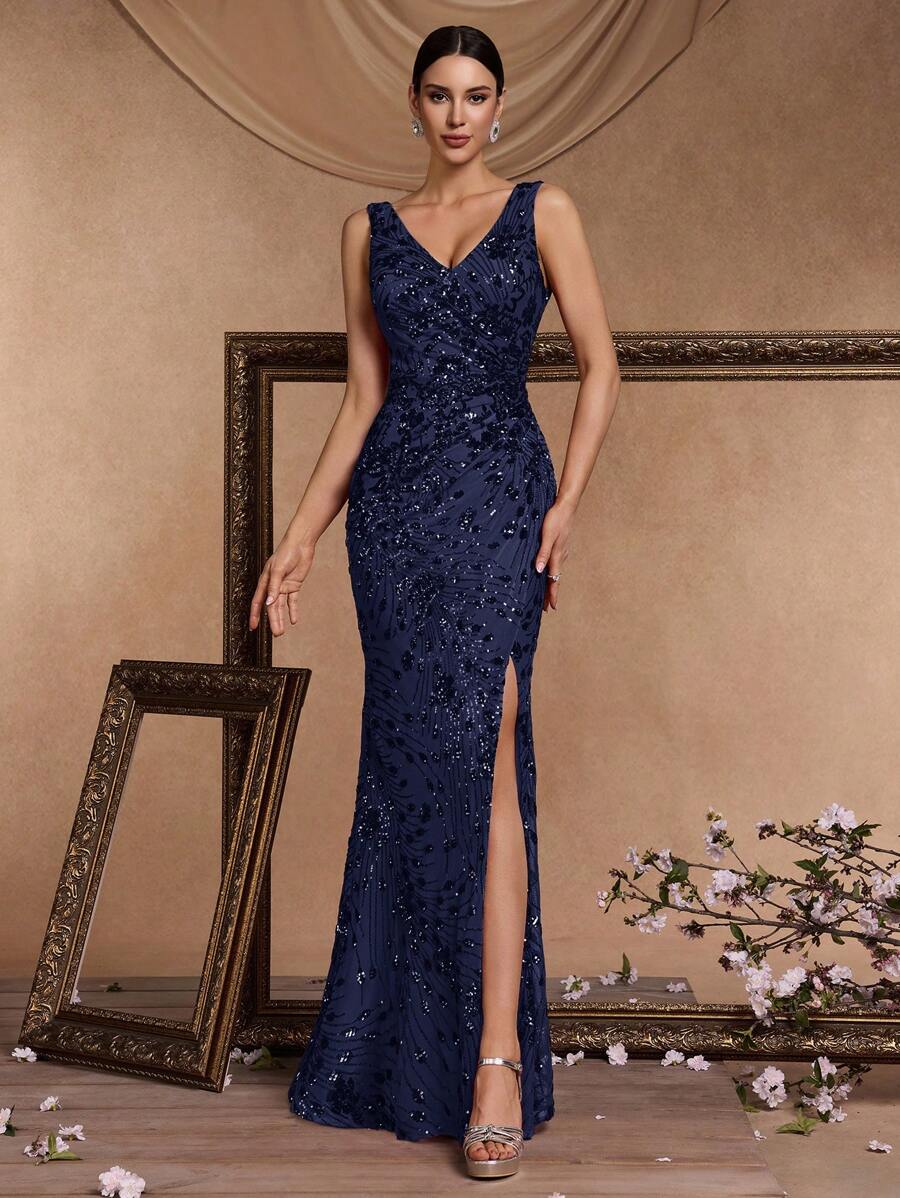 Elisanya Elegante vestido de noche de lujo con cola de sirena y escote en V con lentejuelas, vestido formal de alta calidad con estiramiento para banquete, boda, fiesta, vestido de madre de la novia (muy adornado), para invitados de boda