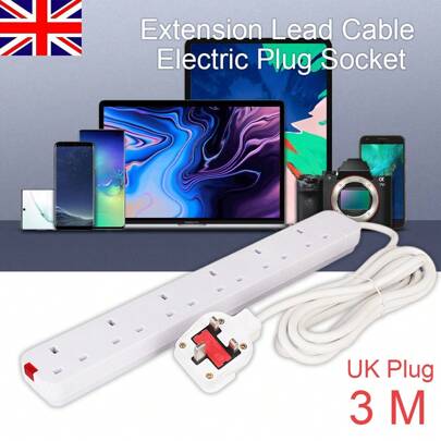 NetHong 3M White Extension Lead Cable Electric Plug Socket Mains Power 4 /6 Gang Way UK