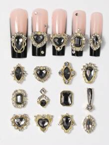 1Box 60PCS Gold Alloy Nail Gems With Black Rhinestones, Hypoallergenic Nail Crystals Nail Charms Set. Heart, Octagon, Marquise, Teardrop. Salon-Grade Nail Jewelry Kit For DIY Bridal Party Nail Art - 彩色 - 查看 4