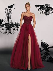 Elisanya 迷人的红色串珠薄纱高开叉细肩带晚礼服，闪亮长款礼服，女士奢华舞会礼服，A 字形礼服，派对服装，礼服，优雅礼服，适合婚礼宾客 - 酒紅色 - 查看 5