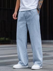 Loose Straight Leg Jeans, Fashionable Washed Cotton Denim, Casual Straight Wide Leg Elastic Waist Jeans For Men, Couple Matching Gift