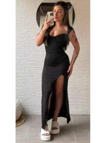 Long Muse Dress With SlitSimpleElegantSide SlitPleated - 黑色 - 查看 3