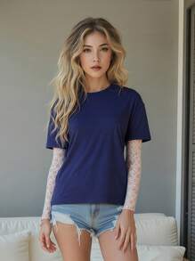 Women's Spring One Piece Y2K Casual Tops Long Sleeve Round Neck Lace Sleeve Patchwork Streetwear T-Shirt
