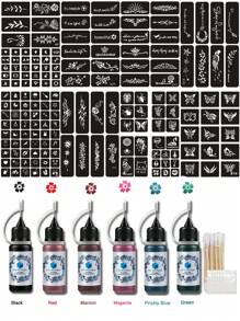 Tattoo Template Dye Set (Tattoo Template + Tattoo Wash-Off Ink) Multiple Designs, Suitable For Men And Women, For Temporary Tattoo On Finger, Wrist, Shoulder, Neck, Collarbone And Body, Waterproof Fake Tattoo Stencil Set - Multicolor - View 4