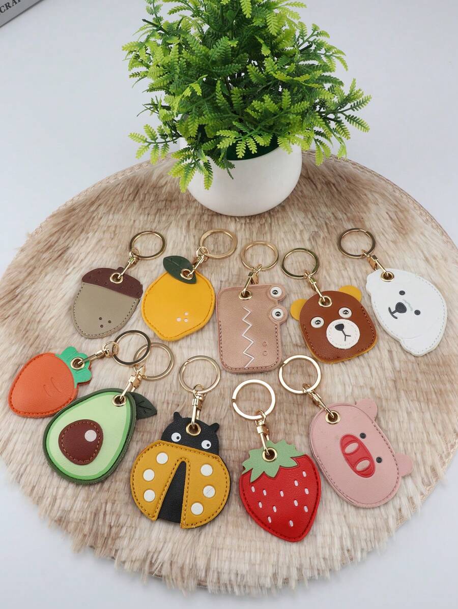 1pc Leather Cute Cartoon Card Holder Cover Personalized Creative Travel Accessory Student Backpack Hanging Charm Keychain Strawberry Summer - Multicolor - View 1